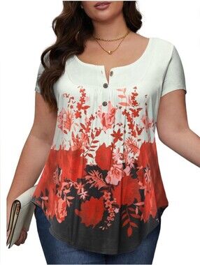 Floral Ombre Henely Scoop Neck Short Sleeve Top - Coral and White